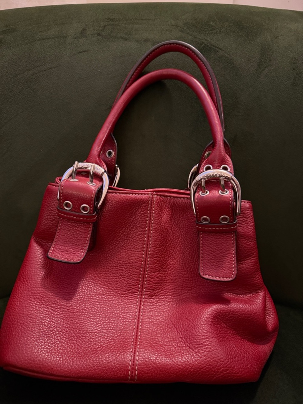 Tignanello Red Pebbled Leather Shoulder Bag with Buckle Accents